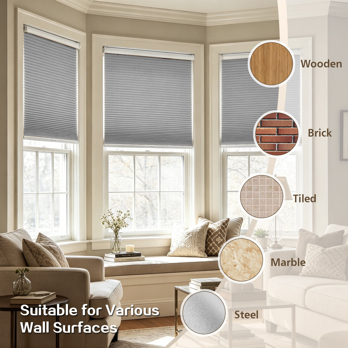 Cordless Blackout Cellular Shades, No Drill Honeycomb Blinds for Windows, Thermal Insulated Window Treatments for Media Room, Bedroom, Office, Kitchen, Tool-Free Install, Silver Grey