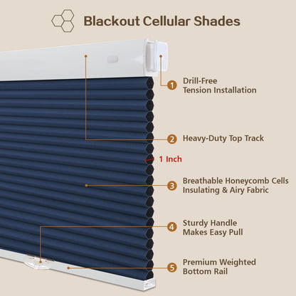 Cordless Blackout Cellular Shades, No Drill Honeycomb Blinds for Windows, Thermal Insulated Window Treatments for Media Room, Bedroom, Office, Kitchen, Tool-Free Install, Navy Blue