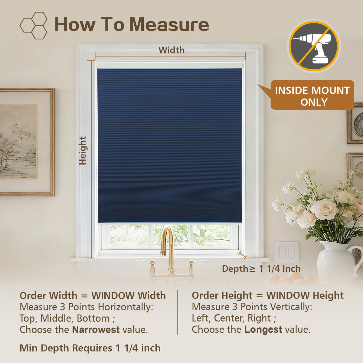 Cordless Blackout Cellular Shades, No Drill Honeycomb Blinds for Windows, Thermal Insulated Window Treatments for Media Room, Bedroom, Office, Kitchen, Tool-Free Install, Navy Blue
