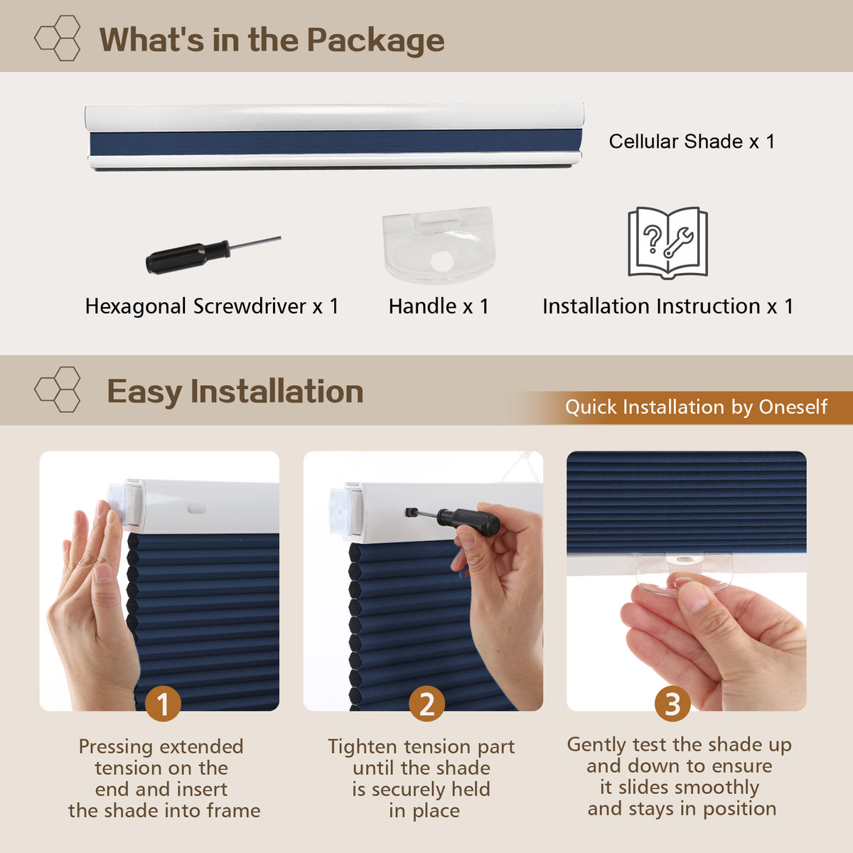 Cordless Blackout Cellular Shades, No Drill Honeycomb Blinds for Windows, Thermal Insulated Window Treatments for Media Room, Bedroom, Office, Kitchen, Tool-Free Install, Navy Blue