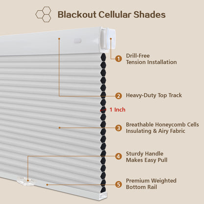 Cordless Blackout Cellular Shades, No Drill Honeycomb Blinds for Windows, Thermal Insulated Window Treatments for Media Room, Bedroom, Office, Kitchen, Tool-Free Install, Off White