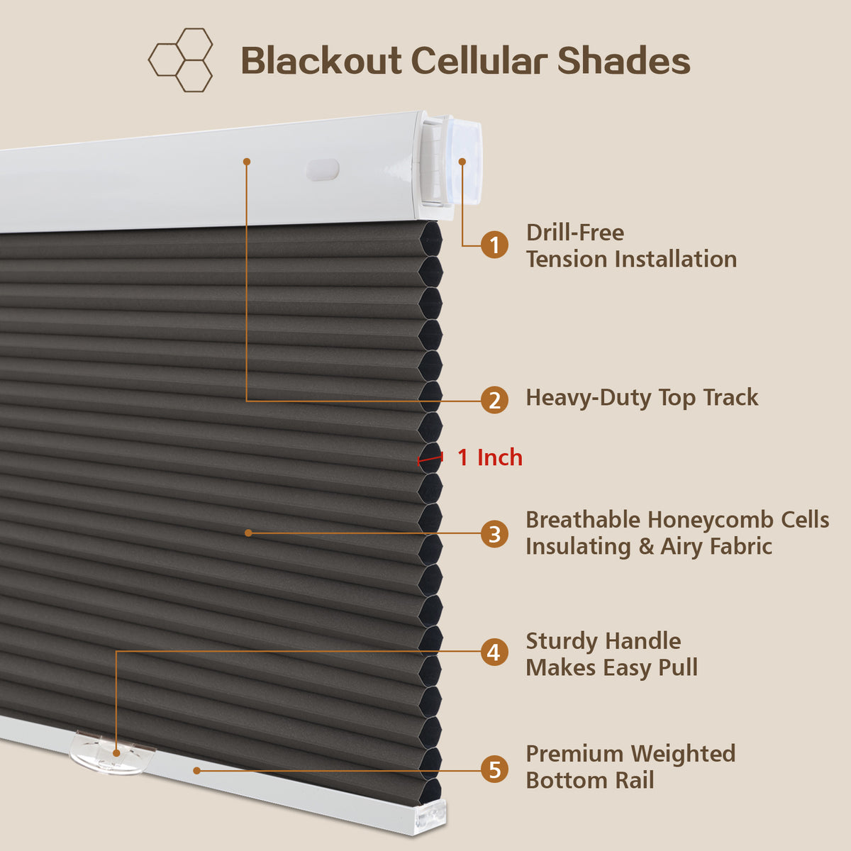 Cordless Blackout Cellular Shades, No Drill Honeycomb Blinds for Windows, Thermal Insulated Window Treatments for Media Room, Bedroom, Office, Kitchen, Tool-Free Install, Dark Grey