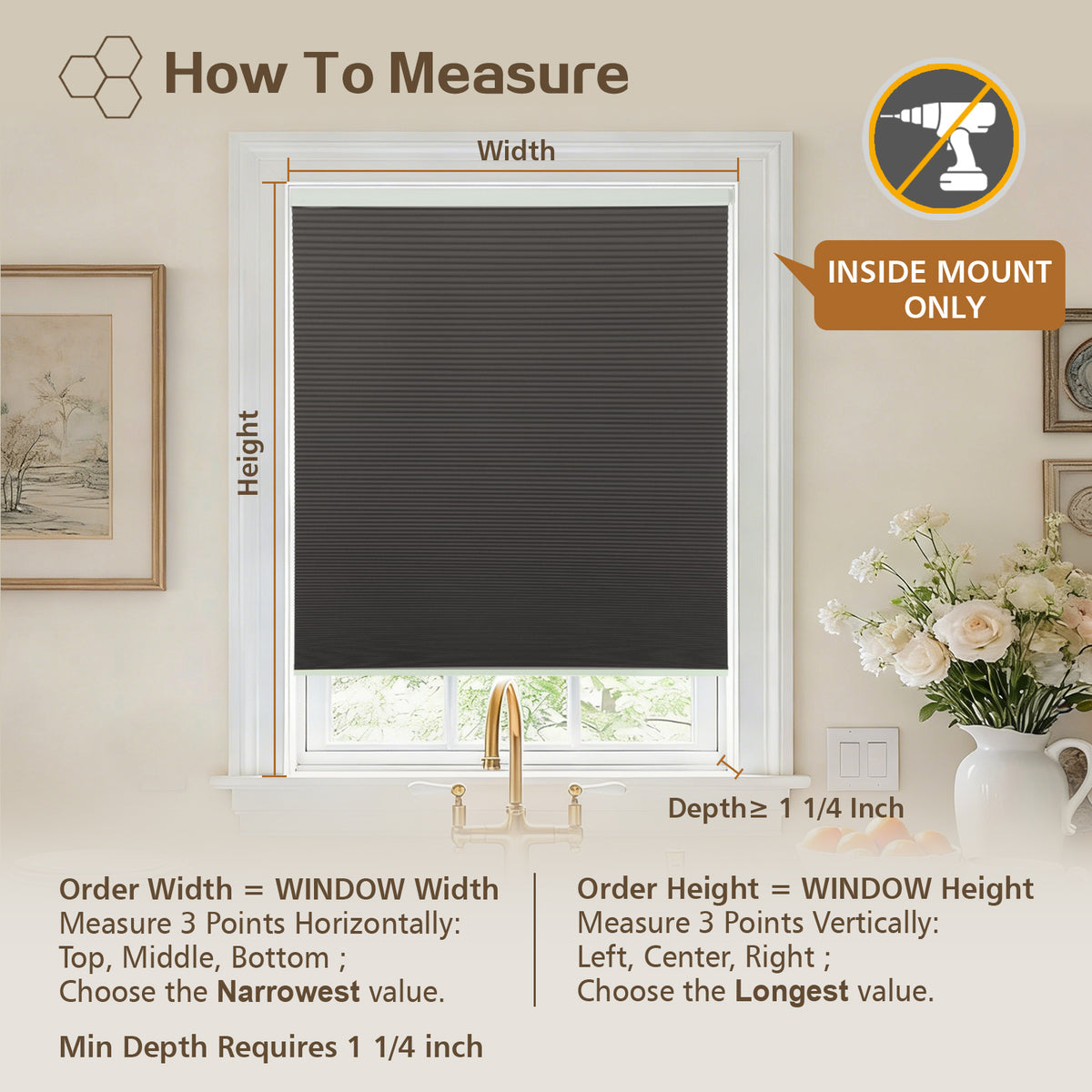 Cordless Blackout Cellular Shades, No Drill Honeycomb Blinds for Windows, Thermal Insulated Window Treatments for Media Room, Bedroom, Office, Kitchen, Tool-Free Install, Dark Grey