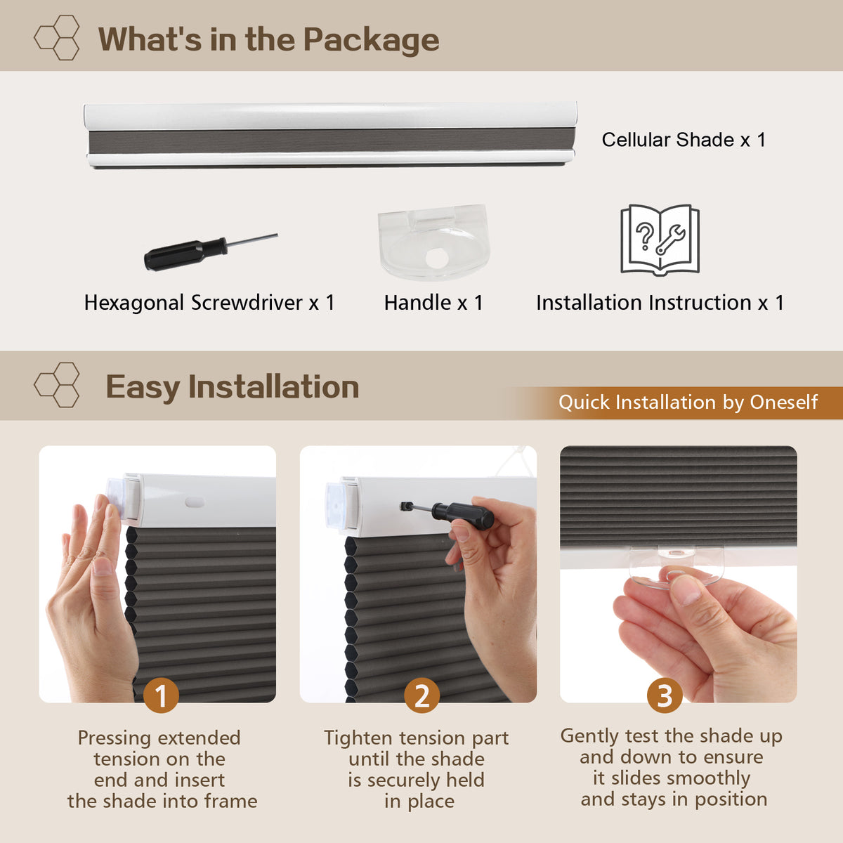 Cordless Blackout Cellular Shades, No Drill Honeycomb Blinds for Windows, Thermal Insulated Window Treatments for Media Room, Bedroom, Office, Kitchen, Tool-Free Install, Dark Grey