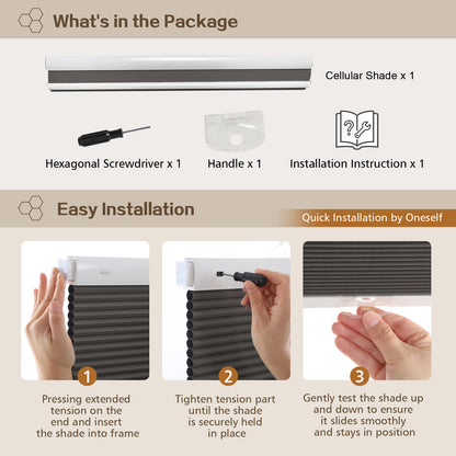 Cordless Blackout Cellular Shades, No Drill Honeycomb Blinds for Windows, Thermal Insulated Window Treatments for Media Room, Bedroom, Office, Kitchen, Tool-Free Install, Dark Grey
