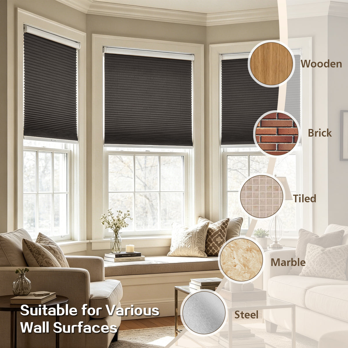 Cordless Blackout Cellular Shades, No Drill Honeycomb Blinds for Windows, Thermal Insulated Window Treatments for Media Room, Bedroom, Office, Kitchen, Tool-Free Install, Dark Grey