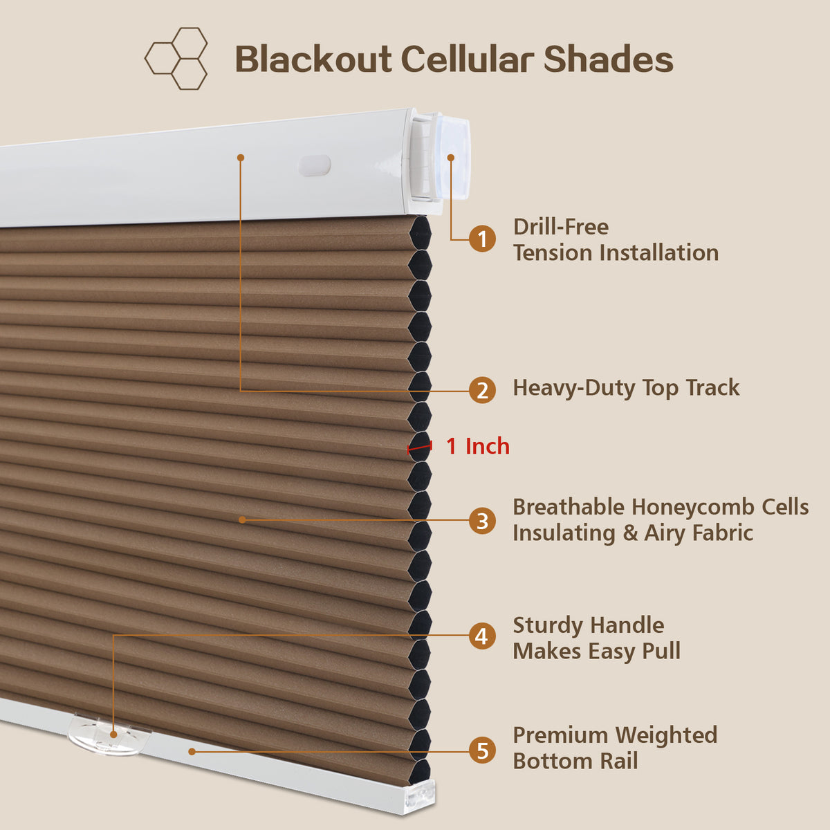 Cordless Blackout Cellular Shades, No Drill Honeycomb Blinds for Windows, Thermal Insulated Window Treatments for Media Room, Bedroom, Office, Kitchen, Tool-Free Install, Dark Brown
