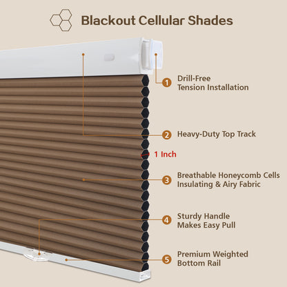 Cordless Blackout Cellular Shades, No Drill Honeycomb Blinds for Windows, Thermal Insulated Window Treatments for Media Room, Bedroom, Office, Kitchen, Tool-Free Install, Dark Brown