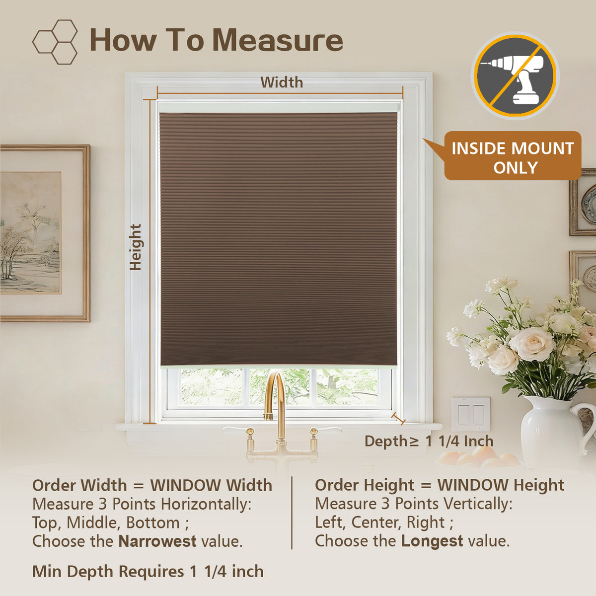 Cordless Blackout Cellular Shades, No Drill Honeycomb Blinds for Windows, Thermal Insulated Window Treatments for Media Room, Bedroom, Office, Kitchen, Tool-Free Install, Dark Brown