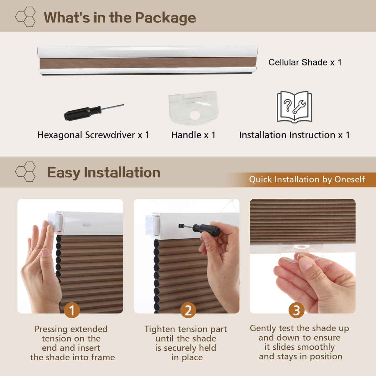Cordless Blackout Cellular Shades, No Drill Honeycomb Blinds for Windows, Thermal Insulated Window Treatments for Media Room, Bedroom, Office, Kitchen, Tool-Free Install, Dark Brown