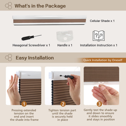 Cordless Blackout Cellular Shades, No Drill Honeycomb Blinds for Windows, Thermal Insulated Window Treatments for Media Room, Bedroom, Office, Kitchen, Tool-Free Install, Dark Brown