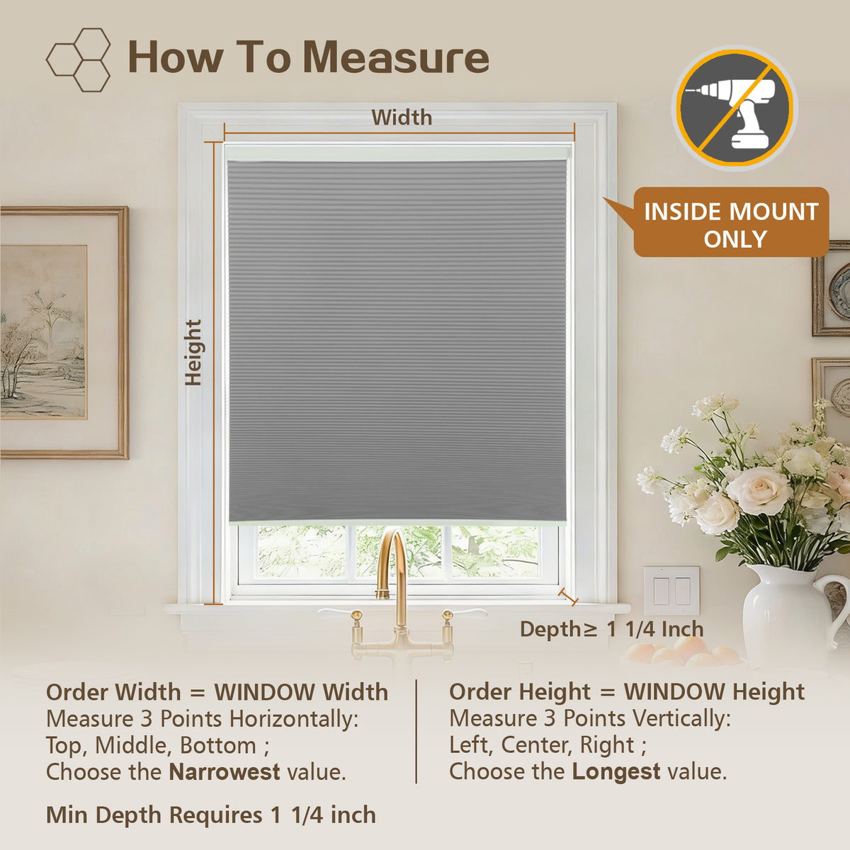 Cordless Blackout Cellular Shades, No Drill Honeycomb Blinds for Windows, Thermal Insulated Window Treatments for Media Room, Bedroom, Office, Kitchen, Tool-Free Install, Silver Grey
