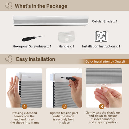 Cordless Blackout Cellular Shades, No Drill Honeycomb Blinds for Windows, Thermal Insulated Window Treatments for Media Room, Bedroom, Office, Kitchen, Tool-Free Install, Silver Grey