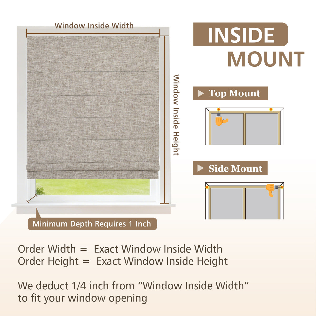 Cordless Roman Shades Window Blinds, Custom Size Blackout Window Shades, Warm Greige