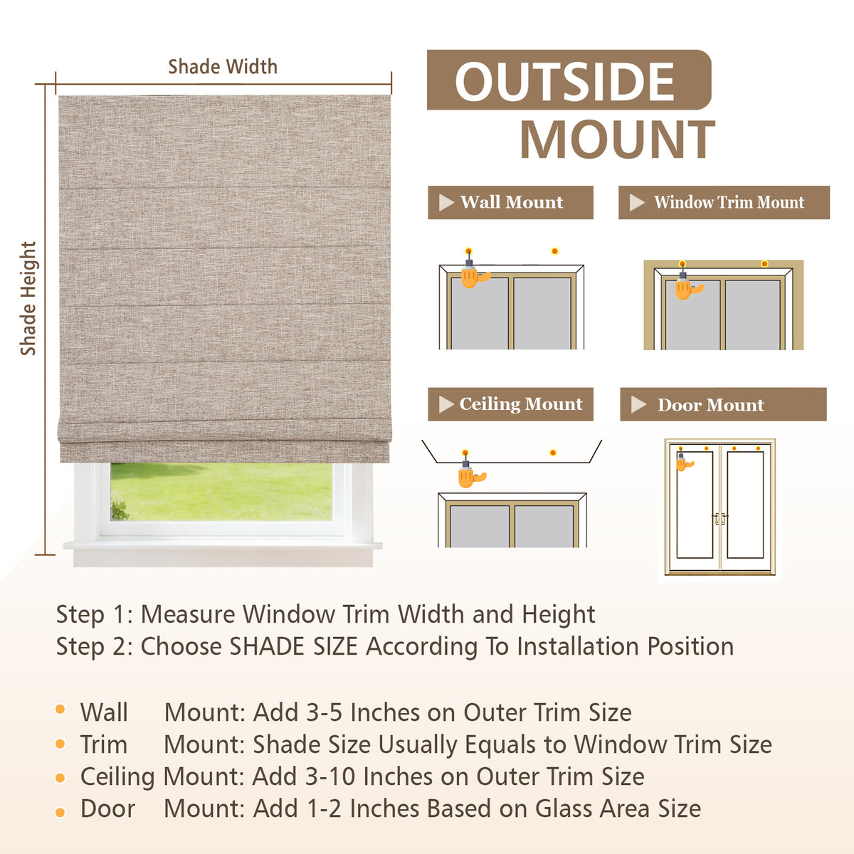 Roman Shades for Windows, 100% Blackout Cordless Window Blinds Custom Size, Deep Taupe